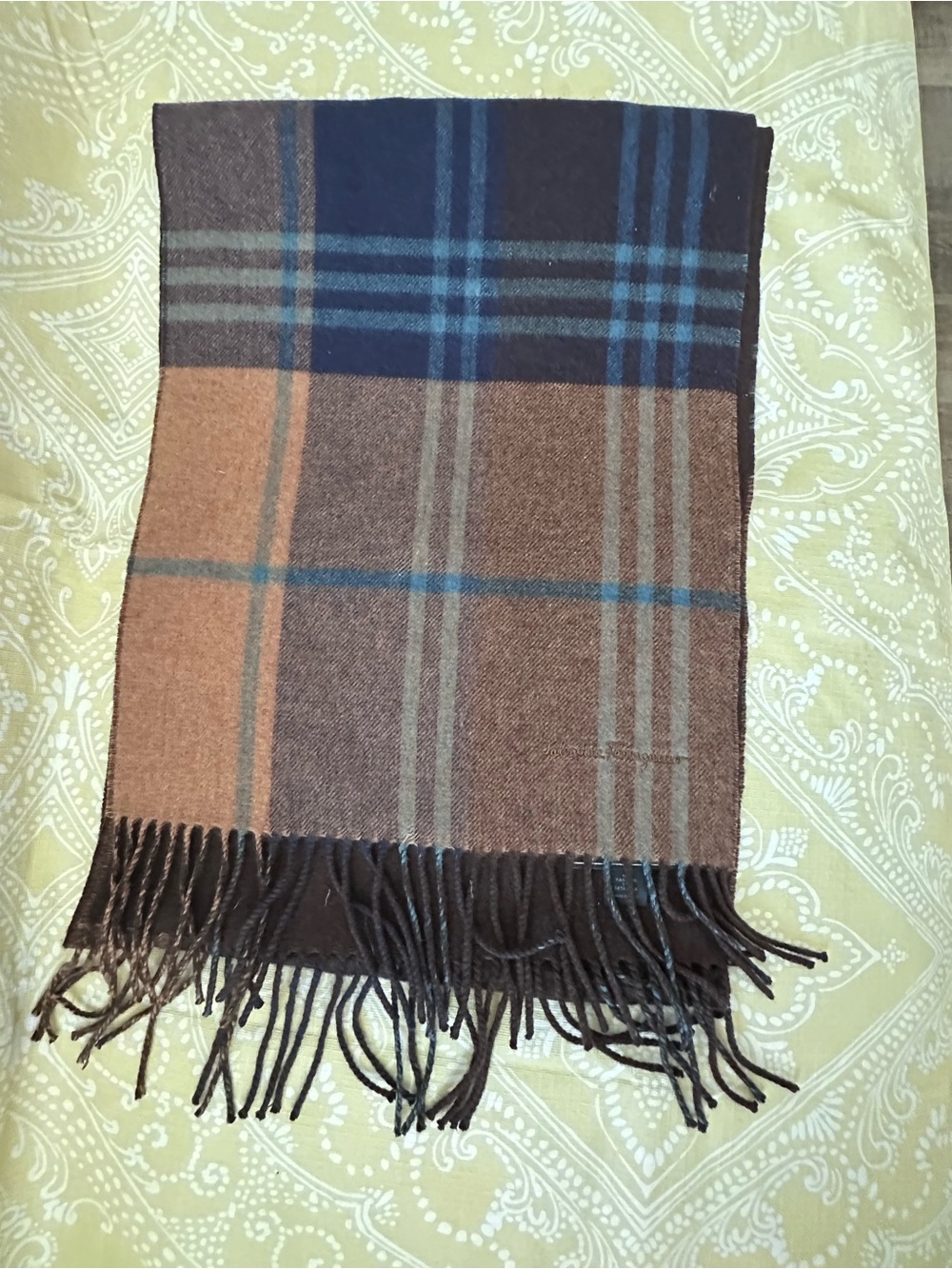 Salvatore Ferragamo Brown and Blue Plaid Fringe Scarf